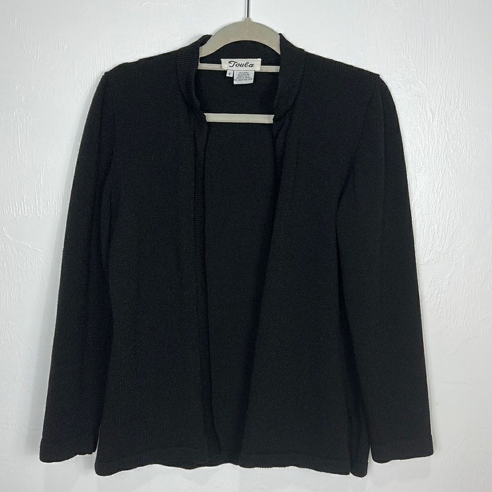 Toula Vintage Black Wool Blend Open Front Cardigan Sweater Size 6